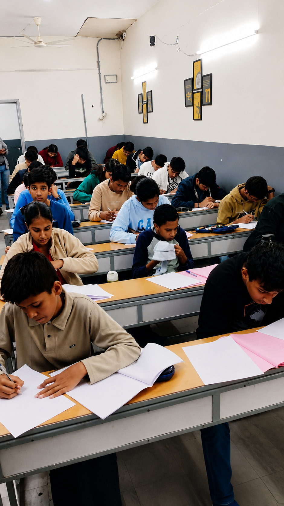 Students completing written assessment papers at Genesis